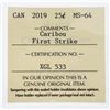Image 2 : Canada 2019 RCM First Strike Caribou Twenty Five Cent Coin MS64