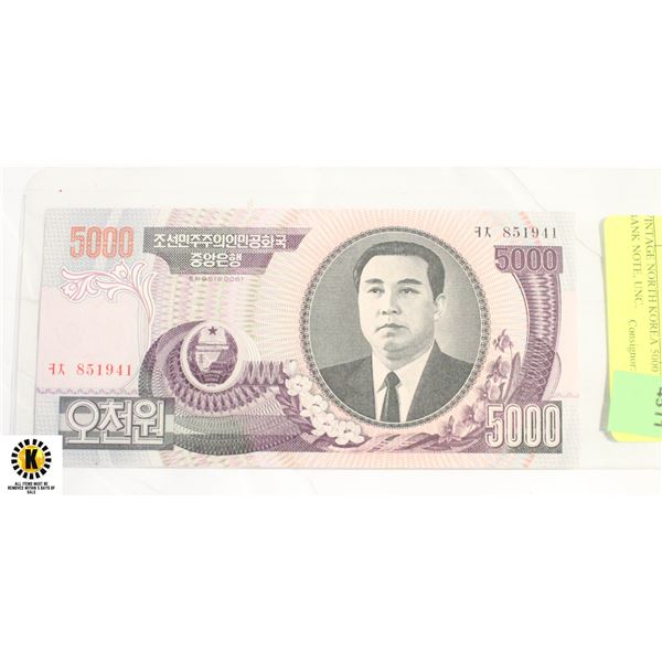 VINTAGE NORTH KOREA 5000 WON BANK NOTE, UNC.