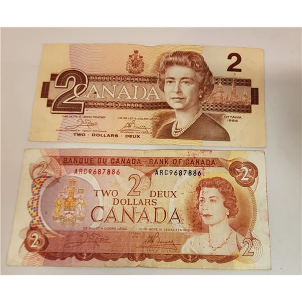 LOT OF 2 CANADIAN $2.00 BANKNOTES , 1974 &