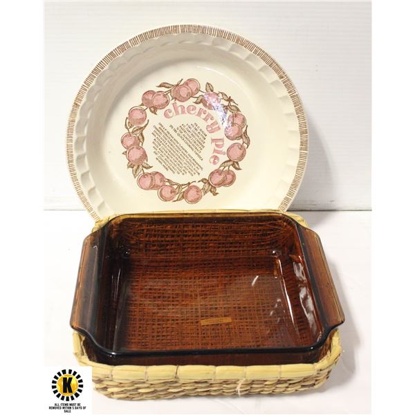 ESTATE- CHERRY PIE PLATE & WICKER BASKET OVEN DISH