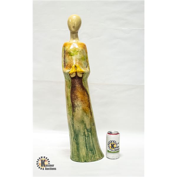 CERAMIC POTTERY FIGURE HOLDING BIRDS 28 INCHES