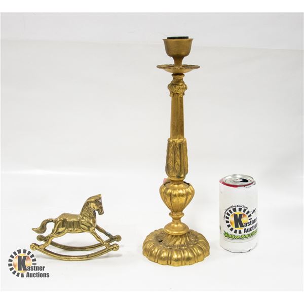 SOLID BRASS CANDLESTICK AND ROCKING HORSE
