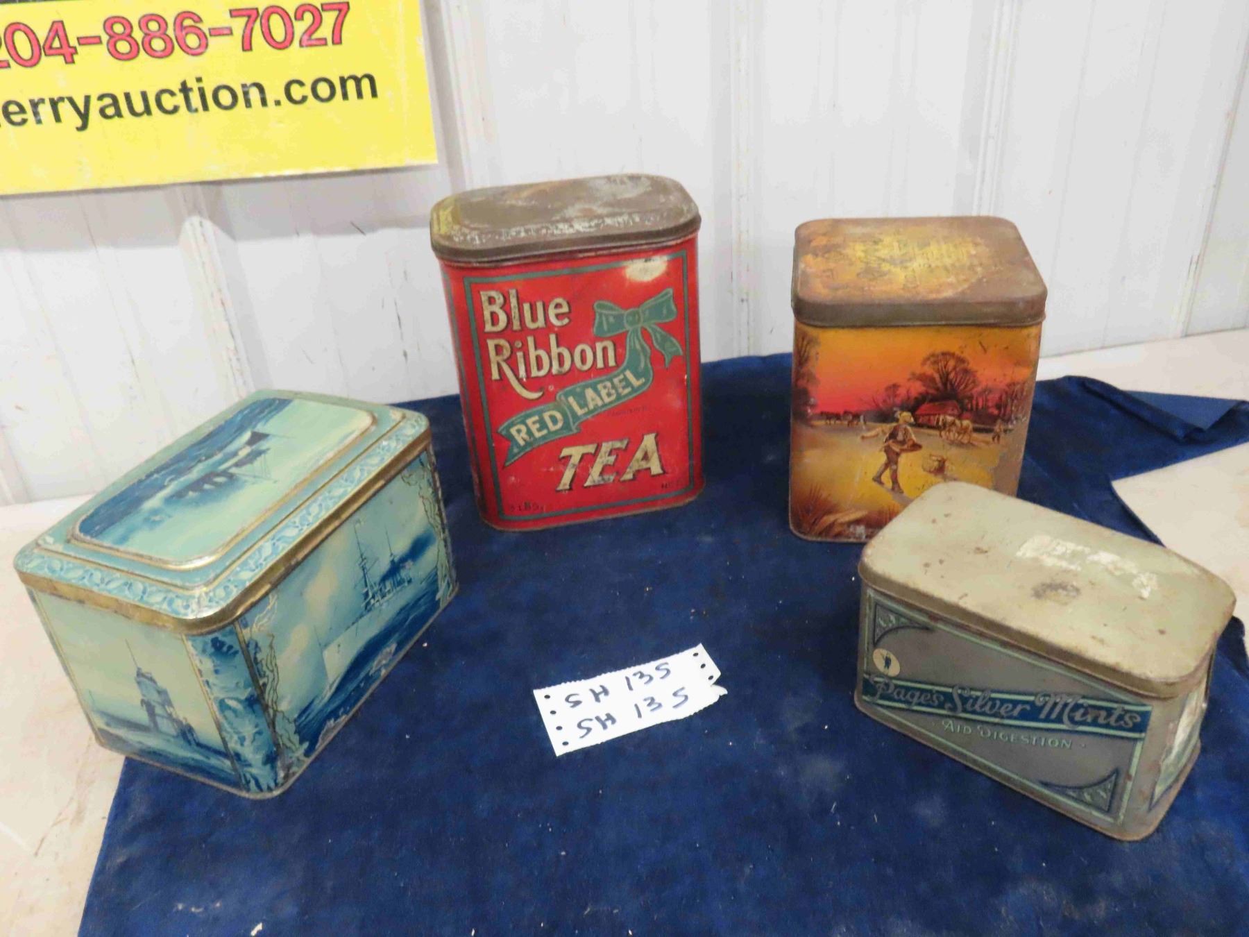4 Vintage Tins : Blue Ribbon Tea 3lbs, Ridgeway 3lbs Tin, Pages Silver