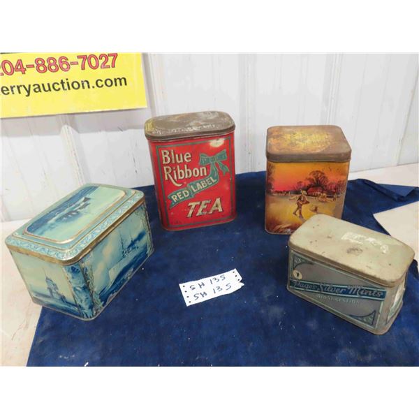 4 Vintage Tins : Blue Ribbon Tea 3lbs, Ridgeway 3lbs Tin, Pages Silver