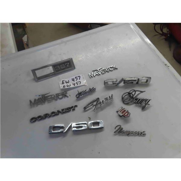 (11) Chrome Auto Emblems ; Maverick, Fury, Newport, Malibu, Coronet, plus others