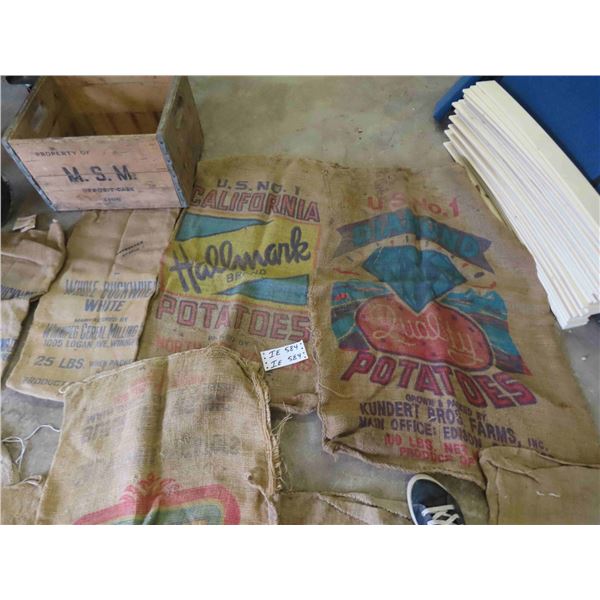 13 Burlap Gunny Sacks & Crate