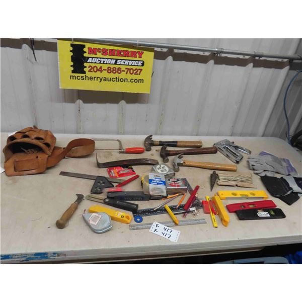 Carpentry Tools ; Hammer, Tool Belt, Square, Levels, Stapler, Chalk Line, Brass Plumb, 