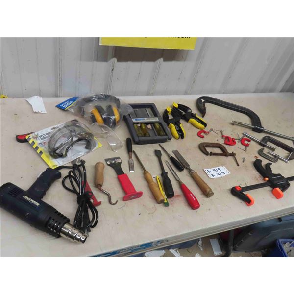 Wood Chisels, Clamps, Quick Clamp, Mastercraft Heat Gun, Safety Ear + Eye, Scrapers