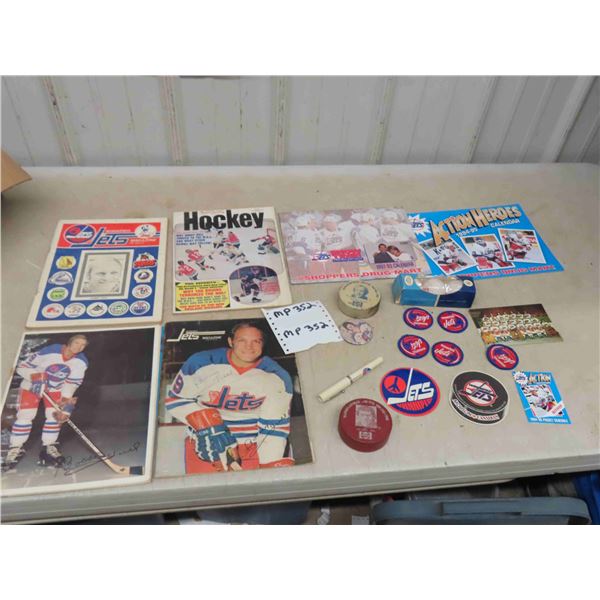 WPG Jets Calendar, Magazine 1 Autographed Bobby Hull, Stickers, Patches, Pucks,