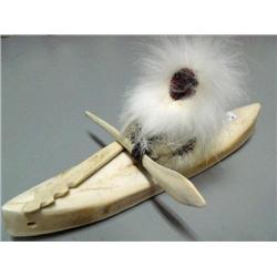 8 1/2" Whale Bone Kayaker w/ Seal Skin Man by Maria Anariark (2) 34F