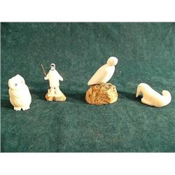 Lot of 4 Ivory Carvings, collected in 1970's, Owl, Walrus, Man, Bird (37)