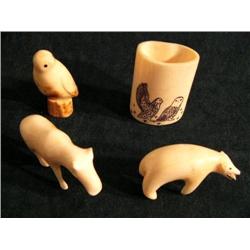 Group of Carvings:  Bird, Bear, Moose and Scrimshawed Toothpick Holder (37)