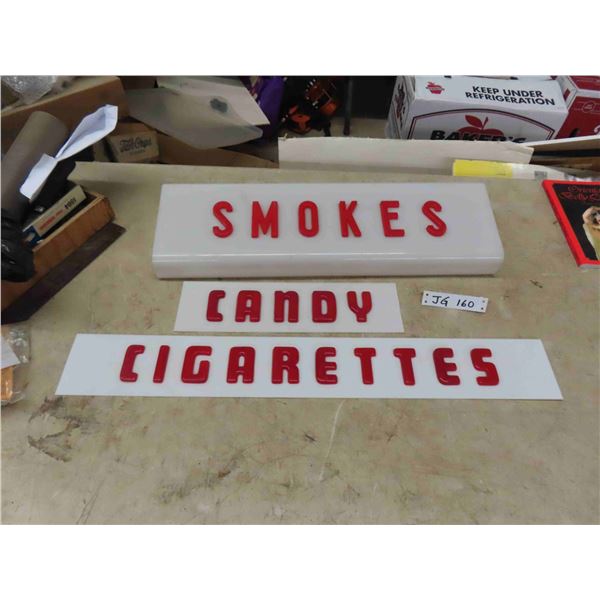 3 White Advertising Fluorescent Light Covers with Red Lettering ; Cigarettes