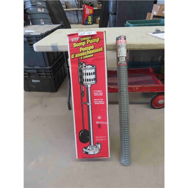 New Mastercraft Column 1/4 HP Sump Pump & Galvanized Wire Mesh 36" x 72"