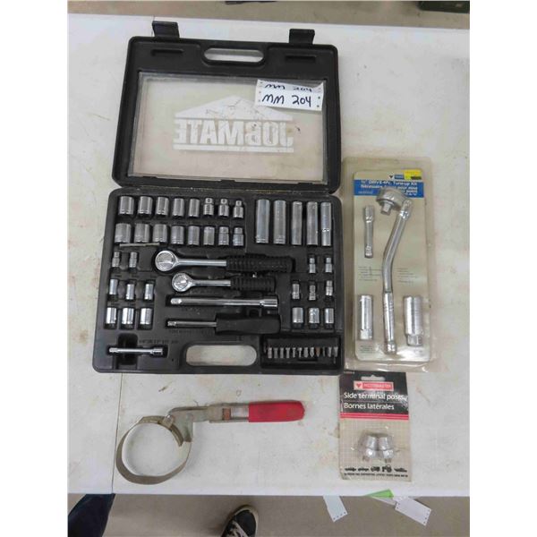 Socket Set + New 4 pc Tune Up Kit, Oil Filter Wrench, New Side Terminal Posts