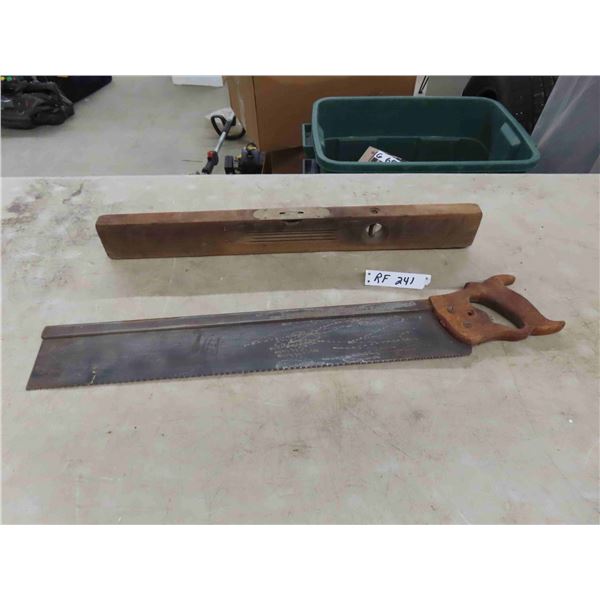 Hand Saw & Vintage Wooden Level