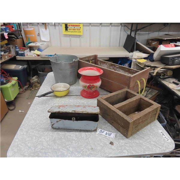 Wooden Box, Galvanized Pail, 'Case' Metal Box + Metal Vase