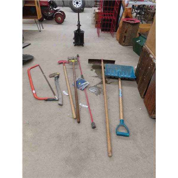 Yard Tools ; Rake, Roto Tiller, Snow Shovel, Axe, Bow Saw