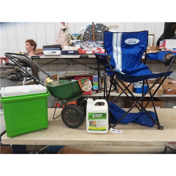 Turf Builder Seeder, Coleman Picnic Cooler, Fold Away Ford Lawn Chair