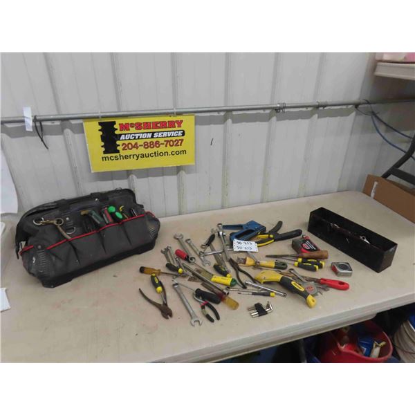 Tool Bag + Odds n Ends of Hand Tools ; Wrenches, Screwdrivers, Tape Measure, 