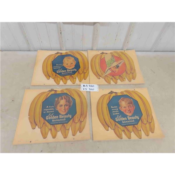 Golden Beauty Bananas Cardboard Advertising - Vintage 12" x 12"