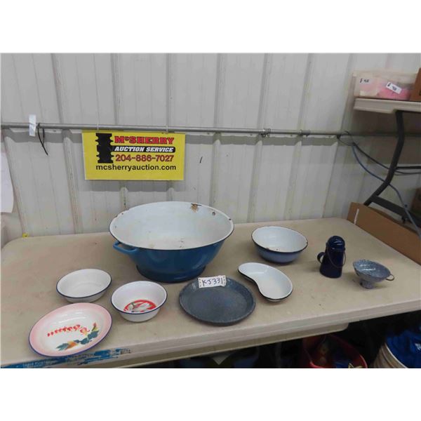 9 pcs Enamel Ware; Bread Bowls, Small Kettle, Cup top, Bowls, Plates