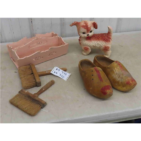 Wooden Shoes, Brushes, Wooden Carry Organizer, Rubber Toy Dog - Squeaker