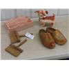 Image 1 : Wooden Shoes, Brushes, Wooden Carry Organizer, Rubber Toy Dog - Squeaker