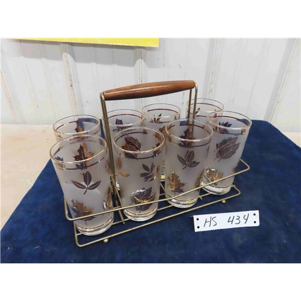 Vintage 8pc Glass Set with Wire + Wood Handle Rack