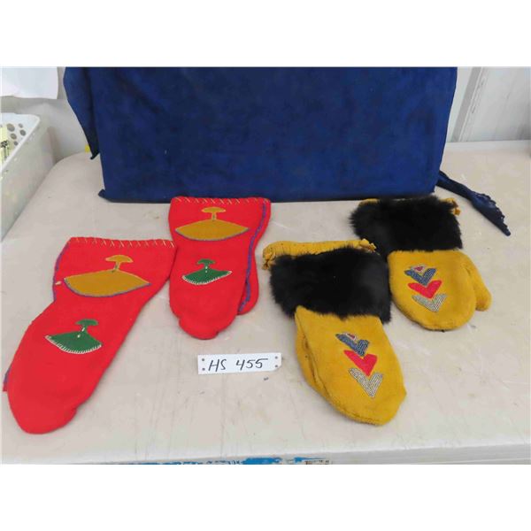 Beaded Suede with Fur Mukluk Style Mittens + Fabric Style with Appliques - 