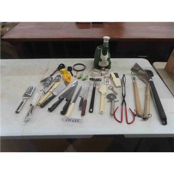 Assorted Kitchen Knives , Utensils , Openers , BBQ Tools