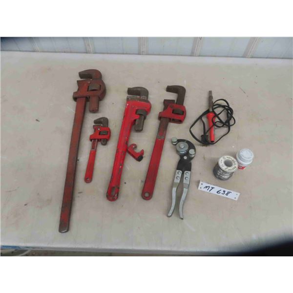 4 Pipe Wrenches 24'' x 18'' x 10'' , Soldering Iron , Solder + Paste , Pipe Cutter