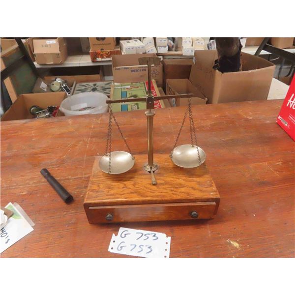 Precision Balance Scale on Oak with Drawer Full of Weights 