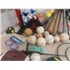 Image 8 : Sporting Items; 4 Aluminum Bats, 4 Wooden Bats, Football, Baseball Gloves + Balls, 