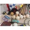 Image 8 : Sporting Items; 4 Aluminum Bats, 4 Wooden Bats, Football, Baseball Gloves + Balls, 