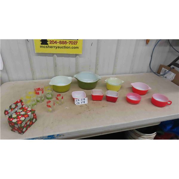 Pyrex Verde Green Casserole Set, Red Refrigerator Dishes + Bowls ...