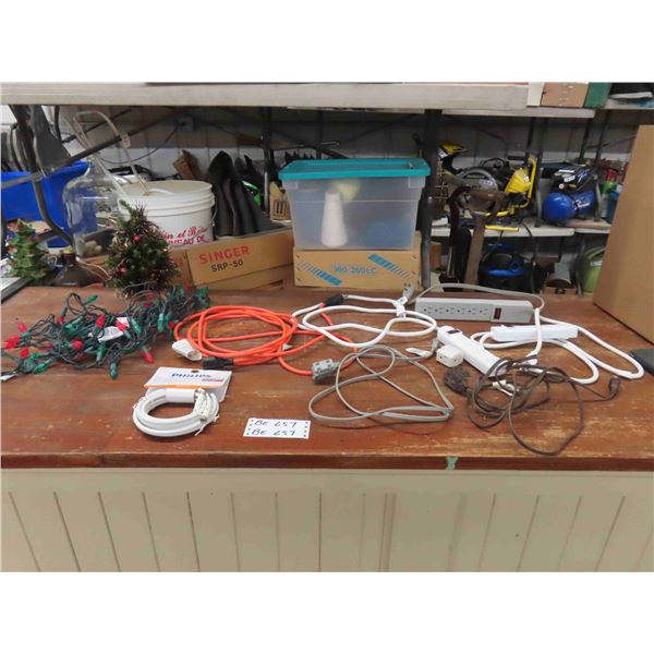 3 Power Bars, Extension Cords, Coaxial Cable, String of Christmas Lights, Small Tree