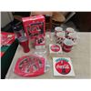 Image 1 : Coca-Cola Coffee Mugs, Cookie Plate + Tumbler, Salt + Pepper Shakers, Clock,