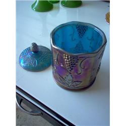 ANTIQUE BLUE CARNIVAL GLASS JAR W/LID