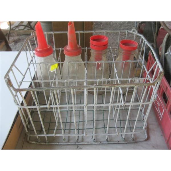 QUART OIL BOTTLE RACK W/4 BOTTLES & FUNNELS