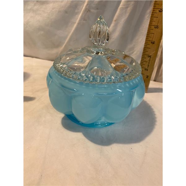 Vintage Fenton blue melon shape with clear lid powder jar