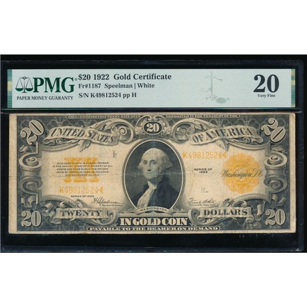 1922 $20 Gold Certificate PMG 20