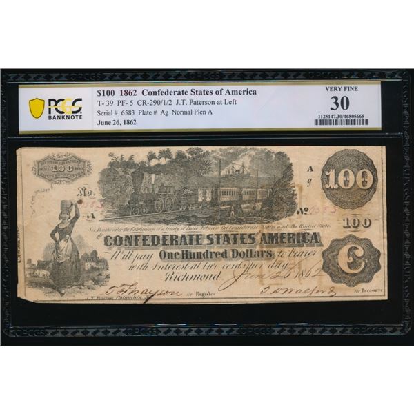 1862 $100 T-39 Confederate PCGS 30