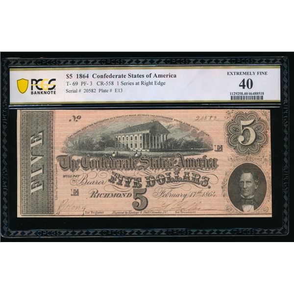 1864 $5 T-69 Confederate PCGS 40