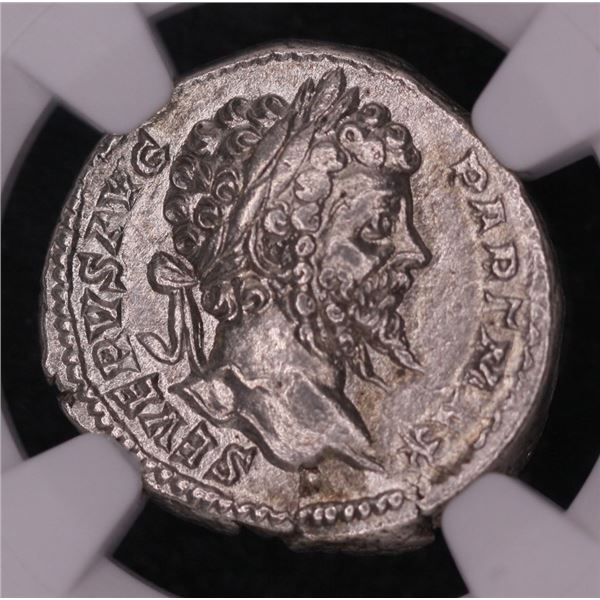 ROMAN EMPIRE. Septimius Severus. AR Denarius. ca. 200-201 A.D. NGC AU. Strike: 4/5, Surface: 3/5.