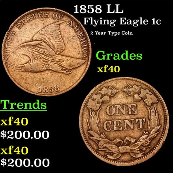 1858 LL Flying Eagle Cent 1c Grades xf