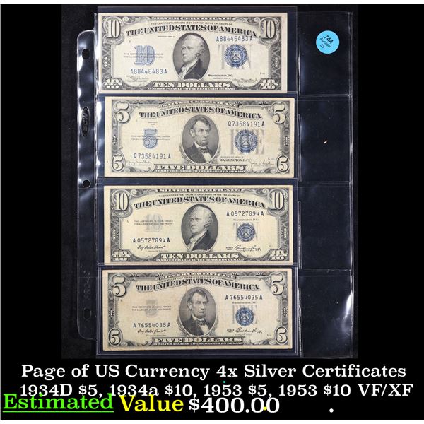 Page of US Currency 4x Silver Certificates 1934D $5, 1934a $10, 1953 $5, 1953 $10 VF/XF