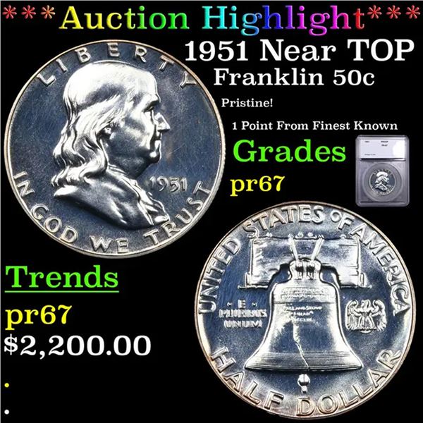 Proof ***Auction Highlight*** 1951 Franklin Half Dollar Near TOP POP! 50c Graded pr67 By SEGS (fc)