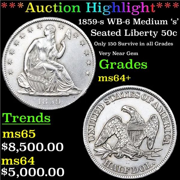 ***Auction Highlight*** 1859-s Seated Half Dollar WB-6 Medium 's' 50c Grades Choice+ Unc (fc)