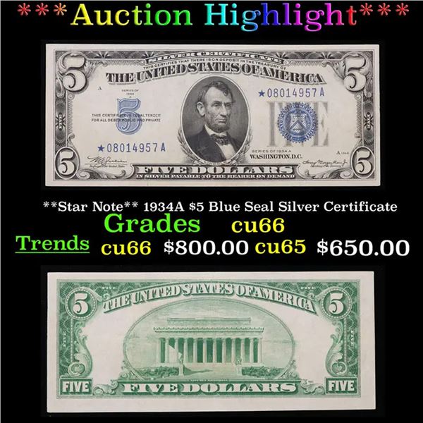 ***Auction Highlight*** **Star Note** 1934A $5 Blue Seal Silver Certificate Grades Gem+ CU (fc)